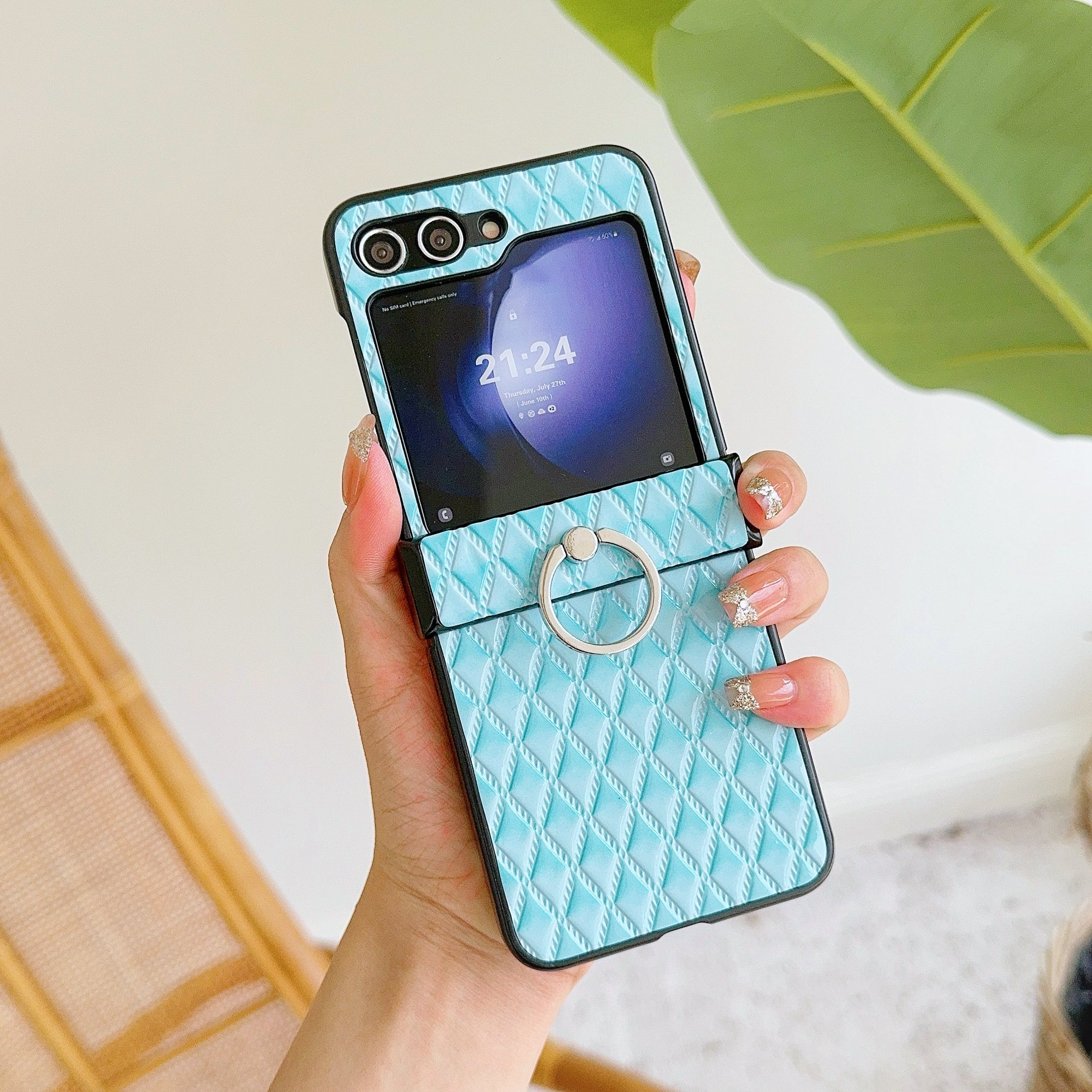 For Samsung Galaxy Z Flip6 5G Rhombus Imprinted PU Leather Coated PC Phone Cover with Ring Kickstand - Baby Blue For Samsung Galaxy Z Flip6 5G Rhombus Imprinted PU Leather Coated PC Phone Cover with Ring Kickstand - Baby Blue